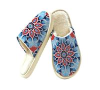 Dusviba Blue Red Mandala Flower Pattern Indoor House Slippers for Women Men, Warm Plush Lined Slip On Slippers Bedroom Footwear with Thick EVA Non Slip Sole, Cozy Closed Toe Home Shoes Size M