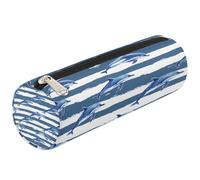Dusviba Blue White Stripe Dolphin Round Pencil Case Cylinder Pencil Bag Portable Pen Holder Pouch Multi Purpose Stationery Cosmetic Travel Storage Bag with Zipper for Kids Teens Adults