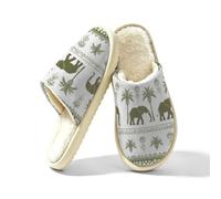 Dusviba Boho Elephant Palm Tree Indoor House Slippers for Women Men, Warm Plush Lined Slip On Slippers Bedroom Footwear with Thick EVA Non Slip Sole, Cozy Closed Toe Home Shoes Size XL