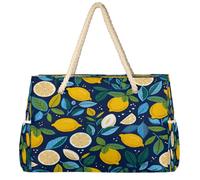Dusviba Cartoon Lemon Fruit Leaves Large Beach Tote Bag with Zipper Waterproof Sandproof Beach Bag with Rope Handles Multiple Pockets for Women Travel Pool Gym Family Vacation Essentials