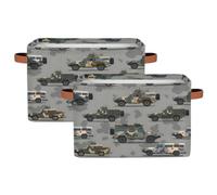 Dusviba Cartoon Military Truck Pattern Rectangular Storage Basket with Leather Handles, 2 Pack Foldable Fabric Storage Bin for Closet Bathroom Living Room Office Toy Organizer Laundry Basket