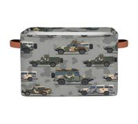 Dusviba Cartoon Military Truck Pattern Rectangular Storage Basket with Leather Handles, Foldable Fabric Storage Bin for Closet Bathroom Living Room Office Toy Organizer Laundry Basket