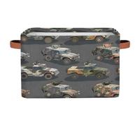 Dusviba Cartoon Military Vehicle Pattern Rectangular Storage Basket with Leather Handles, Foldable Fabric Storage Bin for Closet Bathroom Living Room Office Toy Organizer Laundry Basket
