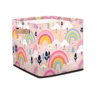 Dusviba Cartoon Rainbow Tree Flower Foldable Storage Cube with Leather Handle, Fabric Organizer Collapsible Laundry Basket for Closet Bedroom Nursery Office Toy Storage 33x33x33 CM