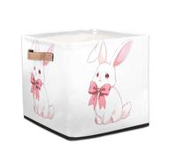 Dusviba Cute Bunny with Bow Pattern Foldable Storage Cube with Leather Handle, Fabric Organizer Collapsible Laundry Basket for Closet Bedroom Nursery Office Toy Storage 33x33x33 CM
