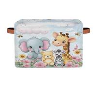 Dusviba Cute Elephant Giraffe Zebra Bear Rectangular Storage Basket with Leather Handles, Foldable Fabric Storage Bin for Closet Bathroom Living Room Office Toy Organizer Laundry Basket