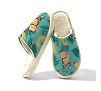 Dusviba Cute Monkeys Banana Palm Leaf Indoor House Slippers for Women Men, Warm Plush Lined Slip On Slippers Bedroom Footwear with Thick EVA Non Slip Sole, Cozy Closed Toe Home Shoes Size S