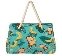 Dusviba Cute Monkeys Banana Palm Leaf Large Beach Tote Bag with Zipper Waterproof Sandproof Beach Bag with Rope Handles Multiple Pockets for Women Travel Pool Gym Family Vacation Essentials