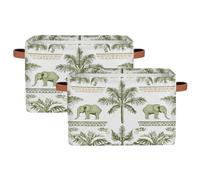 Dusviba Elephant Palm Tree Pattern Rectangular Storage Basket with Leather Handles, 2 Pack Foldable Fabric Storage Bin for Closet Bathroom Living Room Office Toy Organizer Laundry Basket