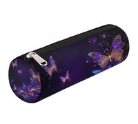 Dusviba Fantasy Purple Butterfly Round Pencil Case Cylinder Pencil Bag Portable Pen Holder Pouch Multi Purpose Stationery Cosmetic Travel Storage Bag with Zipper for Kids Teens Adults