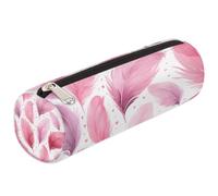 Dusviba Feathers Love Hearts Round Pencil Case Cylinder Pencil Bag Portable Pen Holder Pouch Multi Purpose Stationery Cosmetic Travel Storage Bag with Zipper for Kids Teens Adults