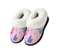 Dusviba Flamingo Palm Leaf Pattern Plush House Slippers for Women 7-8