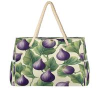 Dusviba Fruits Fig Leaves Pattern Large Beach Tote Bag with Zipper Waterproof Sandproof Beach Bag with Rope Handles Multiple Pockets for Women Travel Pool Gym Family Vacation Essentials