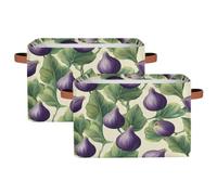 Dusviba Fruits Fig Leaves Pattern Rectangular Storage Basket with Leather Handles, 2 Pack Foldable Fabric Storage Bin for Closet Bathroom Living Room Office Toy Organizer Laundry Basket