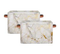 Dusviba Gold White Marble Print Rectangular Storage Basket with Leather Handles, 2 Pack Foldable Fabric Storage Bin for Closet Bathroom Living Room Office Toy Organizer Laundry Basket