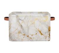 Dusviba Gold White Marble Print Rectangular Storage Basket with Leather Handles, Foldable Fabric Storage Bin for Closet Bathroom Living Room Office Toy Organizer Laundry Basket
