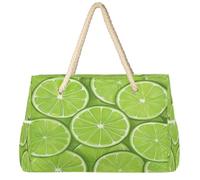 Dusviba Green Lemon Slices Pattern Large Beach Tote Bag with Zipper Waterproof Sandproof Beach Bag with Rope Handles Multiple Pockets for Women Travel Pool Gym Family Vacation Essentials