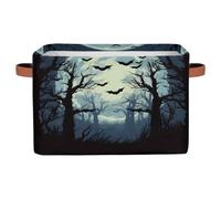 Dusviba Halloween Full Moon Forest Bats Fabric Storage Basket with Leather Handles, Foldable Storage Bin with Lids for Clothes Toys Laundry, Large Lightweight Spacious Organizer 15x11x9.5 In