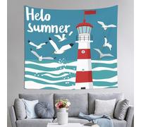 Dusviba Hello Summer Seagull Lighthouse Tapestry Wall Hanging Large Polyester Tapestry Aesthetic Room Decor Dorm Wall Decor Beach Throw Picnic Blanket Bedspread Sofa Cover with Hooks Clips 152x130 cm