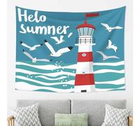 Dusviba Hello Summer Seagull Lighthouse Tapestry Wall Hanging Large Polyester Tapestry Aesthetic Room Decor Dorm Wall Decor Beach Throw Picnic Blanket Bedspread Sofa Cover with Hooks Clips 203x152 cm