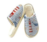 Dusviba Lighthouse Whale Seashell Stripe Indoor House Slippers for Women Men, Warm Plush Lined Slip On Slippers Bedroom Footwear with Thick EVA Non Slip Sole, Cozy Closed Toe Home Shoes Size M
