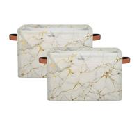 Dusviba Marble Print Gold Texture Rectangular Storage Basket with Leather Handles, 2 Pack Foldable Fabric Storage Bin for Closet Bathroom Living Room Office Toy Organizer Laundry Basket