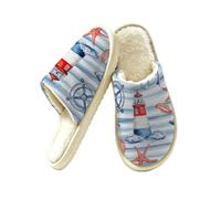 Dusviba Nautical Lighthouse Starfish Indoor House Slippers for Women Men, Warm Plush Lined Slip On Slippers Bedroom Footwear with Thick EVA Non Slip Sole, Cozy Closed Toe Home Shoes Size S