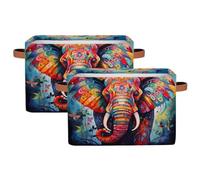 Dusviba Oil Painting Boho Elephant Rectangular Storage Basket with Leather Handles, 2 Pack Foldable Fabric Storage Bin for Closet Bathroom Living Room Office Toy Organizer Laundry Basket