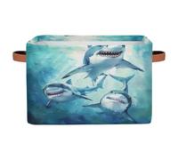 Dusviba Oil Painting Ocean Sharks Rectangular Storage Basket with Leather Handles, Foldable Fabric Storage Bin for Closet Bathroom Living Room Office Toy Organizer Laundry Basket