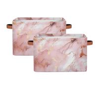 Dusviba Pink Rose Gold Marble Print Rectangular Storage Basket with Leather Handles, 2 Pack Foldable Fabric Storage Bin for Closet Bathroom Living Room Office Toy Organizer Laundry Basket