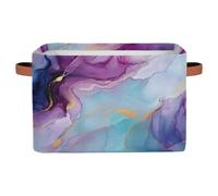 Dusviba Purple Marble Liquid Print Rectangular Storage Basket with Leather Handles, Foldable Fabric Storage Bin for Closet Bathroom Living Room Office Toy Organizer Laundry Basket