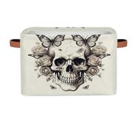 Dusviba Retro Gothic Skull Rose Fabric Storage Basket with Leather Handles, Foldable Storage Bin with Lids for Clothes Toys Laundry, Large Lightweight Spacious Organizer 38x28x24.6 CM