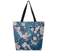 Dusviba Retro Japanese Cherry Blossoms Large Canvas Tote Bag for Women, Wide Open Reusable Shoulder Handbag with Inner Zipper Pocket Casual Shopping Work Travel Gift Tote Bag