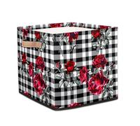 Dusviba Rose Plaid Check Pattern Foldable Storage Cube with Leather Handle, Fabric Organizer Collapsible Laundry Basket for Closet Bedroom Nursery Office Toy Storage 33x33x33 CM