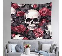 Dusviba Skull Floral Roses Pattern Tapestry Wall Hanging Large Polyester Tapestry Aesthetic Room Decor Dorm Wall Decor Beach Throw Picnic Blanket Bedspread Sofa Cover with Hooks Clips 152x130 cm