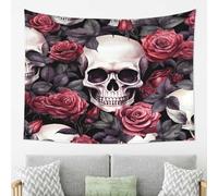 Dusviba Skull Floral Roses Pattern Tapestry Wall Hanging Large Polyester Tapestry Aesthetic Room Decor Dorm Wall Decor Beach Throw Picnic Blanket Bedspread Sofa Cover with Hooks Clips 203x152 cm