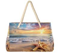 Dusviba Summer Beach Sunset Starfish Large Beach Tote Bag with Zipper Waterproof Sandproof Beach Bag with Rope Handles Multiple Pockets for Women Travel Pool Gym Family Vacation Essentials