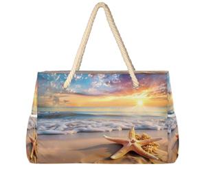 Dusviba Summer Beach Sunset Starfish Large Beach Tote Bag with Zipper Waterproof Sandproof Beach Bag with Rope Handles Multiple Pockets for Women Travel Pool Gym Family Vacation Essentials