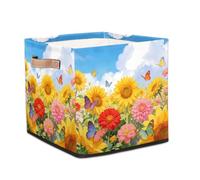 Dusviba Summer Sunflower Daisy Butterfly Foldable Storage Cube with Leather Handle, Fabric Organizer Collapsible Laundry Basket for Closet Bedroom Nursery Office Toy Storage 33x33x33 CM