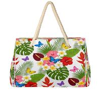 Dusviba Tropical Flower Butterfly Pattern Large Beach Tote Bag with Zipper Waterproof Sandproof Beach Bag with Rope Handles Multiple Pockets for Women Travel Pool Gym Family Vacation Essentials