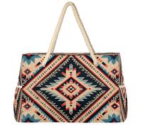 Dusviba Vintage Aztec Ethnic Pattern Large Beach Tote Bag with Zipper Waterproof Sandproof Beach Bag with Rope Handles Multiple Pockets for Women Travel Pool Gym Family Vacation Essentials