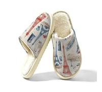 Dusviba Vintage Paris Eiffel Tower Indoor House Slippers for Women Men, Warm Plush Lined Slip On Slippers Bedroom Footwear with Thick EVA Non Slip Sole, Cozy Closed Toe Home Shoes Size M