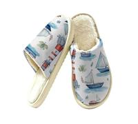 Dusviba Waterclor Sailboat Lighthouse Indoor House Slippers for Women Men, Warm Plush Lined Slip On Slippers Bedroom Footwear with Thick EVA Non Slip Sole, Cozy Closed Toe Home Shoes Size S