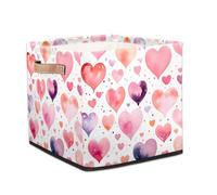Dusviba Watercolor Love Hearts Pattern Foldable Storage Cube with Leather Handle, Fabric Organizer Collapsible Laundry Basket for Closet Bedroom Nursery Office Toy Storage 13x13x13 Inch