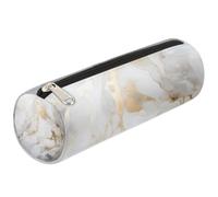 Dusviba White Gold Marble Pattern Round Pencil Case Cylinder Pencil Bag Portable Pen Holder Pouch Multi Purpose Stationery Cosmetic Travel Storage Bag with Zipper for Kids Teens Adults
