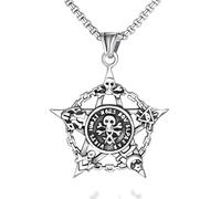 DUTACK Gothic Double-Sided Pentagram Skull Pendant Necklace for Men Women, Stainless Steel Pirate Warrior Amulet, Retro Punk Biker Jewelry with 60cm Chain, Christmas Birthday Gift with White Gift Box