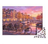 Dutch Canal Jigsaw Puzzle 1000 Pieces Recyclable Material Amsterdam Bikes Puzzles for Adults Fun Present & Activity for Home Great Gift Idea for Men 70x50cm/1000pcs