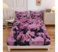 Dutch Daisy Double Fitted Sheet Pink Flowers 3D Printed Bedding Double Bed Set Soft Microfibre Fitted Sheet Deep Pocket 12-inch, Bed Cover 135x190x30cm with 2 Pillowcase sd2903