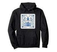 Dutch Delft Blue Windmill & Canal Houses with Floral Tulips Pullover Hoodie