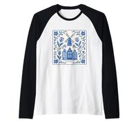 Dutch Delft Blue Windmill & Canal Houses with Floral Tulips Raglan Baseball Tee